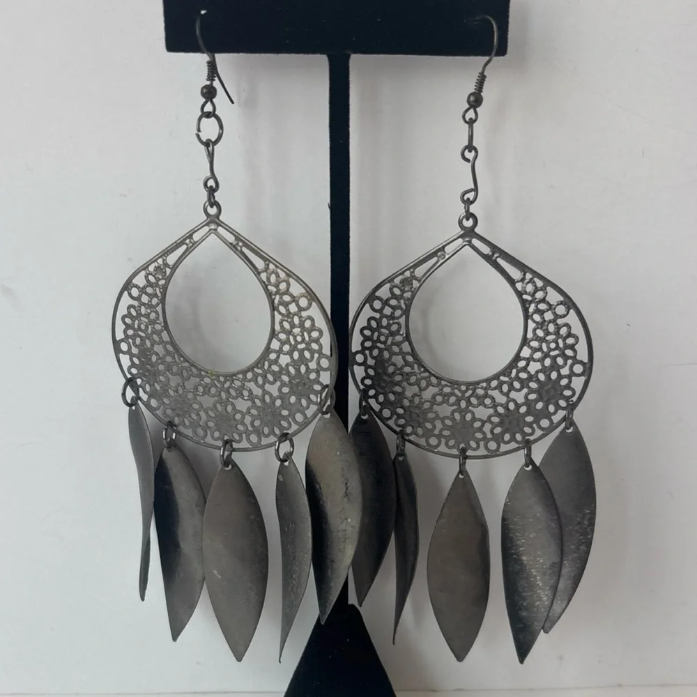 Giant Silver Filigree Leaf Chandelier Earrings‎ - 6 Inch Boho Statement